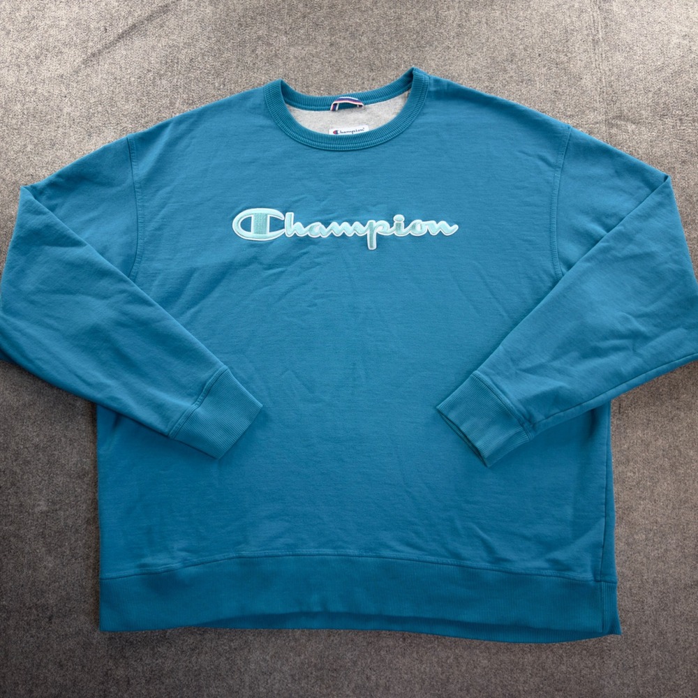 Champion Mens 2XL Teal Blue Script Logo Crewneck Sweatshirt GF88H TUM